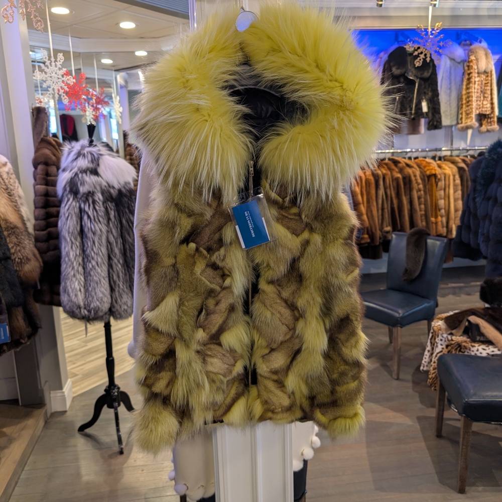 Yellow and Brown Fur Vest with Hood